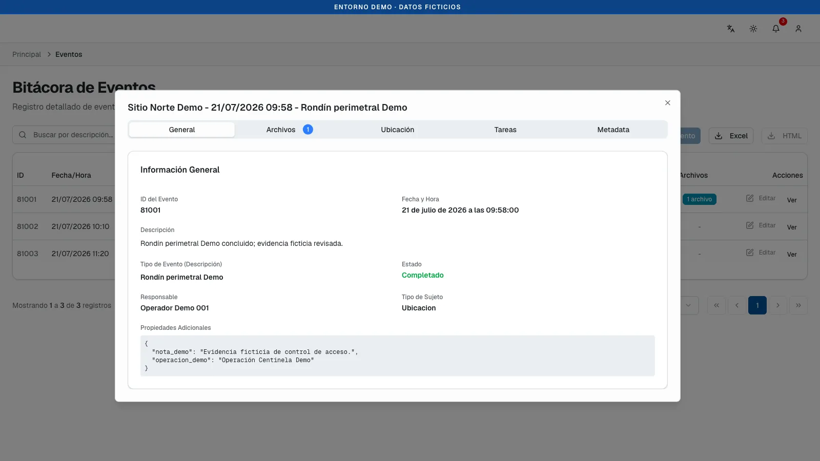 Registro operativo de demostración capturado en VeritasLog