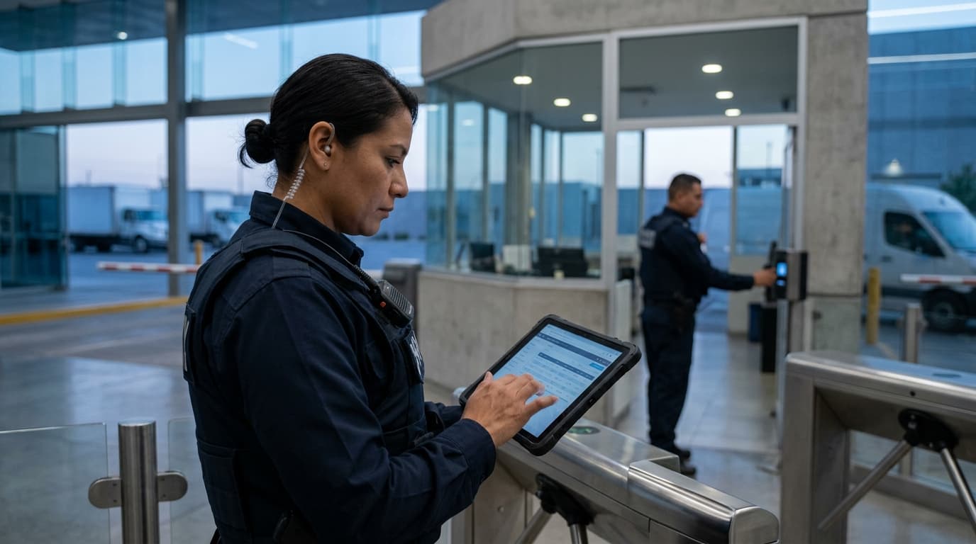 Supervisor de seguridad revisando evidencia operativa en una ubicación de servicio